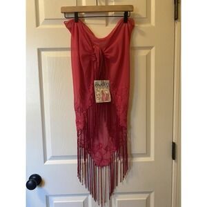 Cejon Beachwear Fringed Pareo Red Sheer Cruise Beach Pool Bikini Cover-Up Wrap